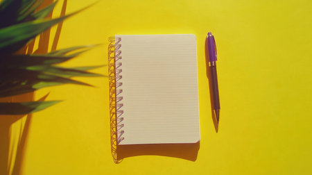 A bright, lined blank notebook sits on a vibrant yellow background next to a pen. This minimalist scene captures creativity and organization, perfect for inspiration.の素材