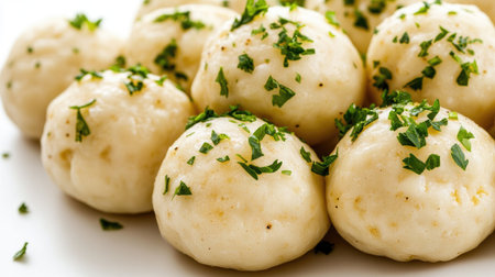 A close-up view of freshly steamed dumplings garnished with parsley, presented on a white plate. Ideal for culinary and food photography.の素材