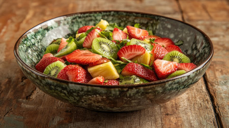 A vibrant bowl of fresh fruit salad featuring strawberries and kiwi. Perfect for a healthy snack or dessert, this colorful mix adds a refreshing touch to any meal.の素材