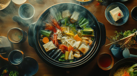 Experience the vibrant atmosphere of a bubbling Shabu hotpot, filled with fresh seafood and vegetables, creating a warm and inviting dining experience.の素材