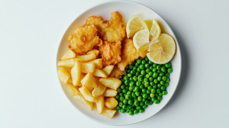 A vibrant plate featuring golden fried fish, crispy potatoes, and fresh green peas, garnished with lemon slices. Perfect for a delicious meal.の素材