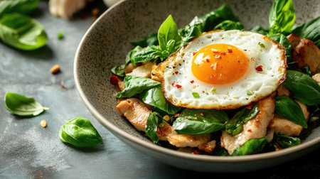 A vibrant dish of Thai stir-fried basil topped with a sunny-side-up egg. This flavorful meal features fresh herbs and delicious ingredients for a satisfying experience.の素材