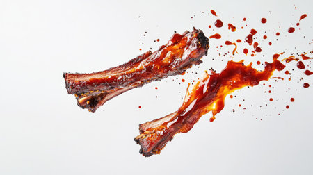 A whimsical portrayal of barbecued pork ribs in mid-flight, splattered with sauce, showcasing creativity and appetite appeal in a striking culinary image.の素材