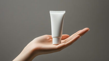 A woman's hand gracefully holds a tube of skincare product against a neutral backdrop, ideal for beauty and wellness promotions. The minimalist aesthetic captures attention.の素材