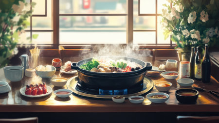Experience a serene Japanese dining scene showcasing traditional cuisine, with steaming hot pot surrounded by a variety of fresh ingredients and delicacies.の素材