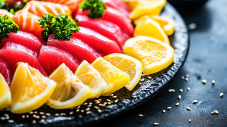 A vibrant sushi platter featuring fresh salmon slices and garnished with lemon wedges, perfect for showcasing culinary artistry and flavor. Ideal for food lovers.の素材