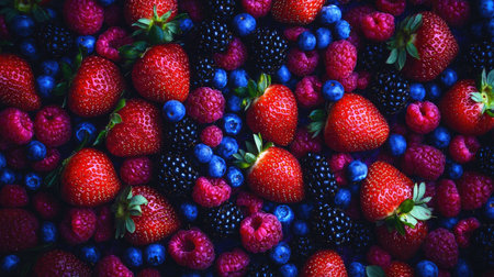An eye-catching close-up image showcasing a vibrant medley of fresh strawberries, blueberries, raspberries, and blackberries. Perfect for food-related themes.の素材