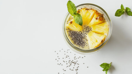 A vibrant and refreshing smoothie made with pineapple and chia seeds, garnished with fresh mint, served in a clear cup. Perfect for a healthy and energizing drink.の素材