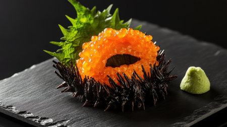 This stunning seafood dish features beautifully plated fresh uni on a black slate board, garnished with wasabi and unique foliage, perfect for gourmet dining.の素材