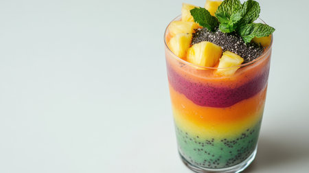 This vibrant layered tropical fruit smoothie features fresh ingredients and a colorful presentation, perfect for summer refreshment and healthy enjoyment.の素材