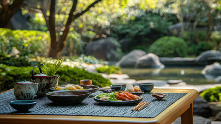 A tranquil outdoor setting in a Japanese garden featuring a beautifully arranged table with traditional dishes, surrounded by lush greenery and serene water.の素材