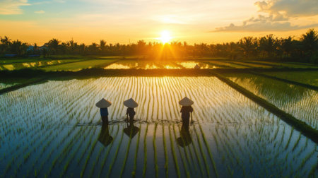 Experience a serene sunset view over lush rice paddies, capturing the beauty of nature and traditional farming practices. Perfect for tranquil settings.の素材