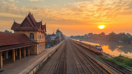 Beautiful morning scene at Vientiane train station with sunrise illuminating the landscape. The tranquil atmosphere invites exploration and adventure.の素材