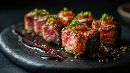 Exquisite wagyu sushi presented on a sleek black plate. This culinary masterpiece highlights the texture and flavors of premium ingredients, perfect for gourmet dining experiences.の素材