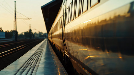 Captivating close-up of a high-speed train reflecting the warm hues of sunset, showcasing modern transportation and sleek design in a serene urban environment.の素材