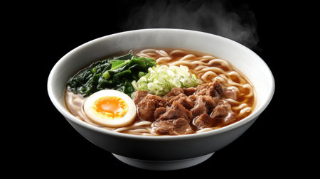 A beautifully arranged bowl of steaming Japanese noodle soup featuring tender meat, a soft egg, fresh greens, and rich broth, perfect for any meal.の素材