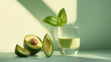 A minimalist presentation featuring a refreshing avocado drink garnished with basil. The green hues and soft shadows create an elegant and tranquil setting.の素材