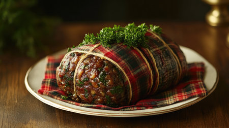 This beautifully plated haggis is wrapped in plaid fabric, showcasing a blend of traditional Scottish flavors and modern presentation for a festive dining experience.の素材