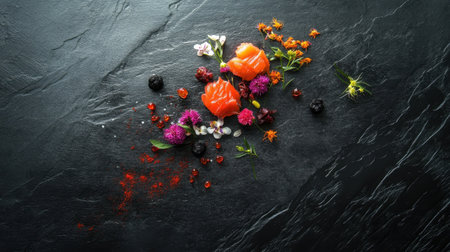 A stunning artistic presentation of sushi featuring salmon, colorful flowers, and berries on a black slate surface, perfect for gourmet culinary displays.の素材