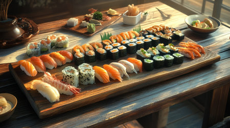 A stunning arrangement of sushi and sashimi showcased on a wooden platter, featuring an assortment of flavors and vibrant colors. Perfect for food lovers!の素材
