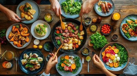 An inviting overhead view of a colorful Shabu Shabu spread, showcasing fresh ingredients and a communal dining experience perfect for gatherings and celebrations.の素材