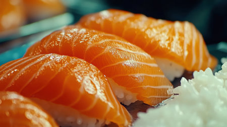 A close-up view of a sushi chef slicing fresh salmon with precision, showcasing the vibrant color and texture of this exquisite dish. Perfect for culinary enthusiasts.の素材