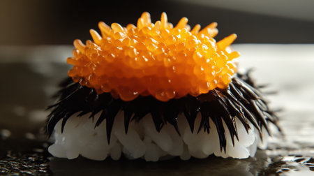 A stunning close-up of fresh creamy sea urchin, showcasing its vibrant colors and unique texture. Perfect for culinary and seafood photography.の素材