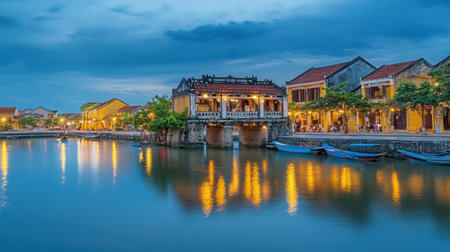 The Japanese Covered Bridge in Hoi An glows beautifully at dusk, reflecting lights on the tranquil river, showcasing the charm of this historic destination.の素材
