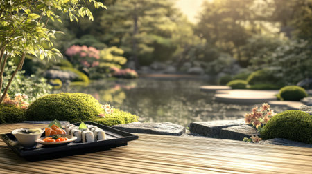 A tranquil outdoor setting featuring a beautiful sushi platter on a wooden table, surrounded by lush greenery and a serene pond, perfect for relaxation.の素材