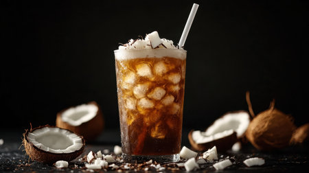Enjoy a visually striking iced coconut coffee, featuring a creamy foam topping and fresh coconut flakes, perfect for hot summer days or a refreshing treat.の素材