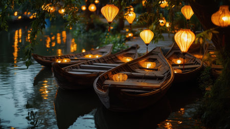 Explore the beauty of traditional wooden boats illuminated by lanterns on the serene Thu Bon River. A captivating scene of tranquility and cultural heritage in Vietnam.の素材
