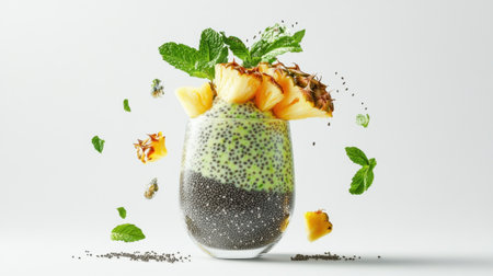 This vibrant tropical smoothie features chia seeds, mint, and fresh pineapple, creating a stylish and healthy drink perfect for refreshment and wellness.の素材