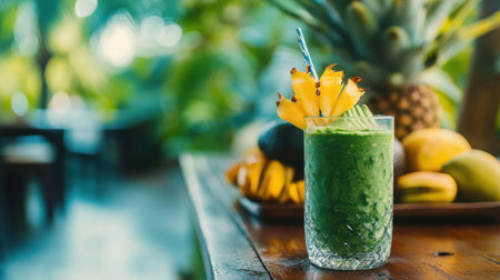 A vibrant green avocado smoothie served in a glass, garnished and set against a lush natural backdrop. Perfect for health-focused lifestyles and refreshing drinks.の素材