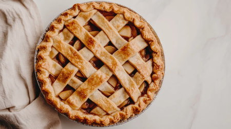 A stunning close-up of a single apple pie showcasing a beautifully woven lattice crust. Perfect for food lovers and culinary inspiration.の素材