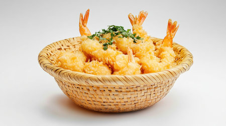 A beautifully arranged basket filled with crispy shrimp garnished with herbs, perfect for appetizers or main courses. Ideal for food photography.の素材
