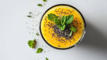 A refreshing pineapple smoothie garnished with mint and chia seeds, showcasing vibrant colors. Perfect for a healthy snack or summer treat, this nutritious drink delights the senses.の素材