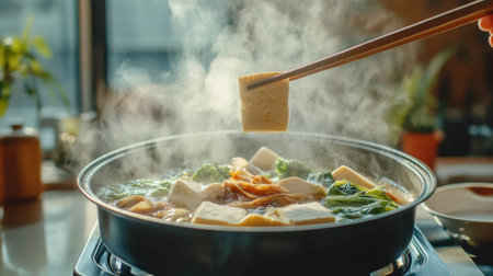 A steaming hotpot filled with fresh tofu, vegetables, and flavorful broth, set in a cozy modern dining environment, perfect for a shared meal experience.の素材