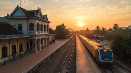 A tranquil morning scene capturing the beauty of Vientiane train station at sunrise, with a train poised for travel amidst a serene landscape.の素材