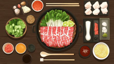 This overhead view showcases a complete Shabu Shabu meal, featuring various fresh ingredients like vegetables, meat, and noodles arranged attractively for a delightful dining experience.の素材
