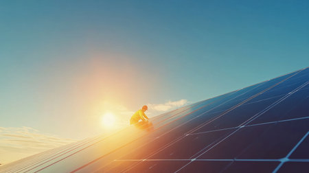 A technician carefully installs solar panels on a rooftop during a stunning sunset, showcasing the transition to renewable energy and sustainable practices.の素材