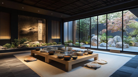 Discover a serene dining area featuring a tatami mat and Shabu setup, blending minimalist design with nature. Enjoy the tranquil ambiance and elegant decor.の素材