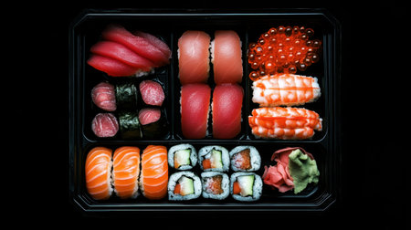 A striking arrangement of assorted sushi pieces featuring vibrant colors and textures. Perfect for food lovers and culinary photography enthusiasts.の素材
