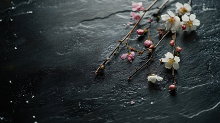 An artistic presentation of sushi on a black slate surface, combining fresh ingredients and appealing colors for a unique dining experience.の素材