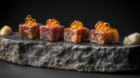 Experience a stunning presentation of Wagyu sushi nigiri, beautifully arranged on a stone plate. This gourmet delight features rich flavors and exquisite textures.の素材