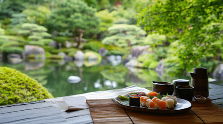 A serene outdoor setting featuring a beautifully arranged sushi platter against a tranquil garden backdrop, perfect for showcasing culinary art and relaxation.の素材