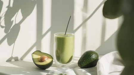 A stylish avocado smoothie served in a transparent cup, surrounded by fresh avocados. This image captures a healthy lifestyle with minimalistic aesthetics.の素材