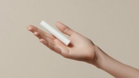 A close-up of a woman's hand delicately holding a white cosmetic tube against a neutral background, emphasizing simplicity and elegance in beauty products.の素材