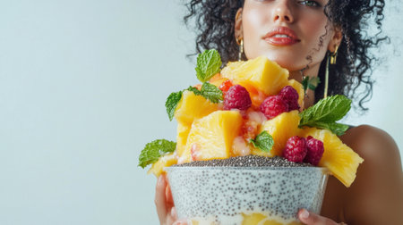 A vibrant tropical fruit smoothie presented in a clear cup, featuring a colorful blend of fresh fruits like pineapple, raspberries, and mint for a healthy and refreshing treat.の素材