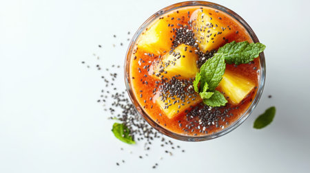 A vibrant tropical fruit smoothie featuring pineapple and chia seeds, beautifully presented in a clear cup. This refreshing drink is perfect for a healthy lifestyle.の素材
