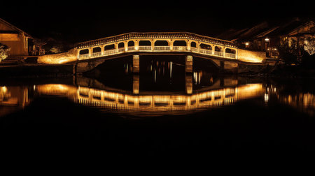 Experience the charm of the iconic Japanese bridge in Hoi An, beautifully illuminated at night. The serene reflection in the water enhances its historic allure.の素材